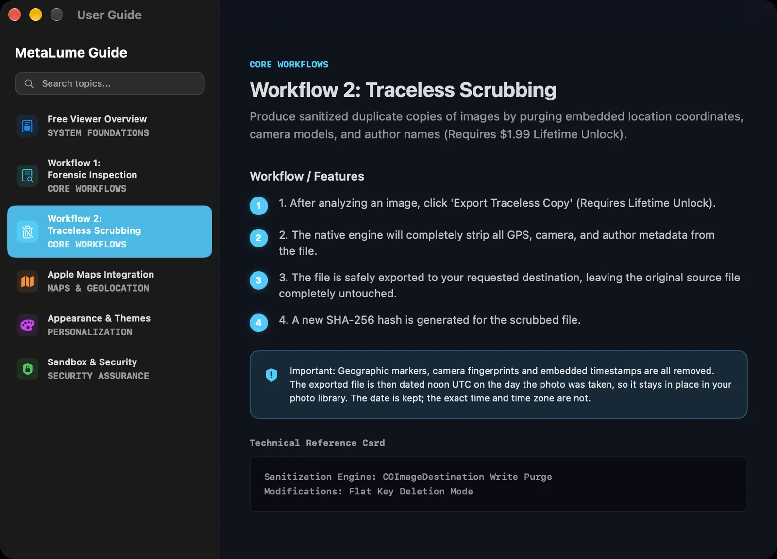 MetaLume's built-in user guide window