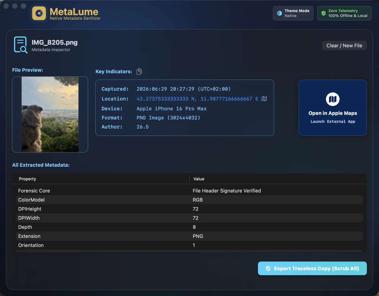 Full metadata inspection view with map preview and Exif table
