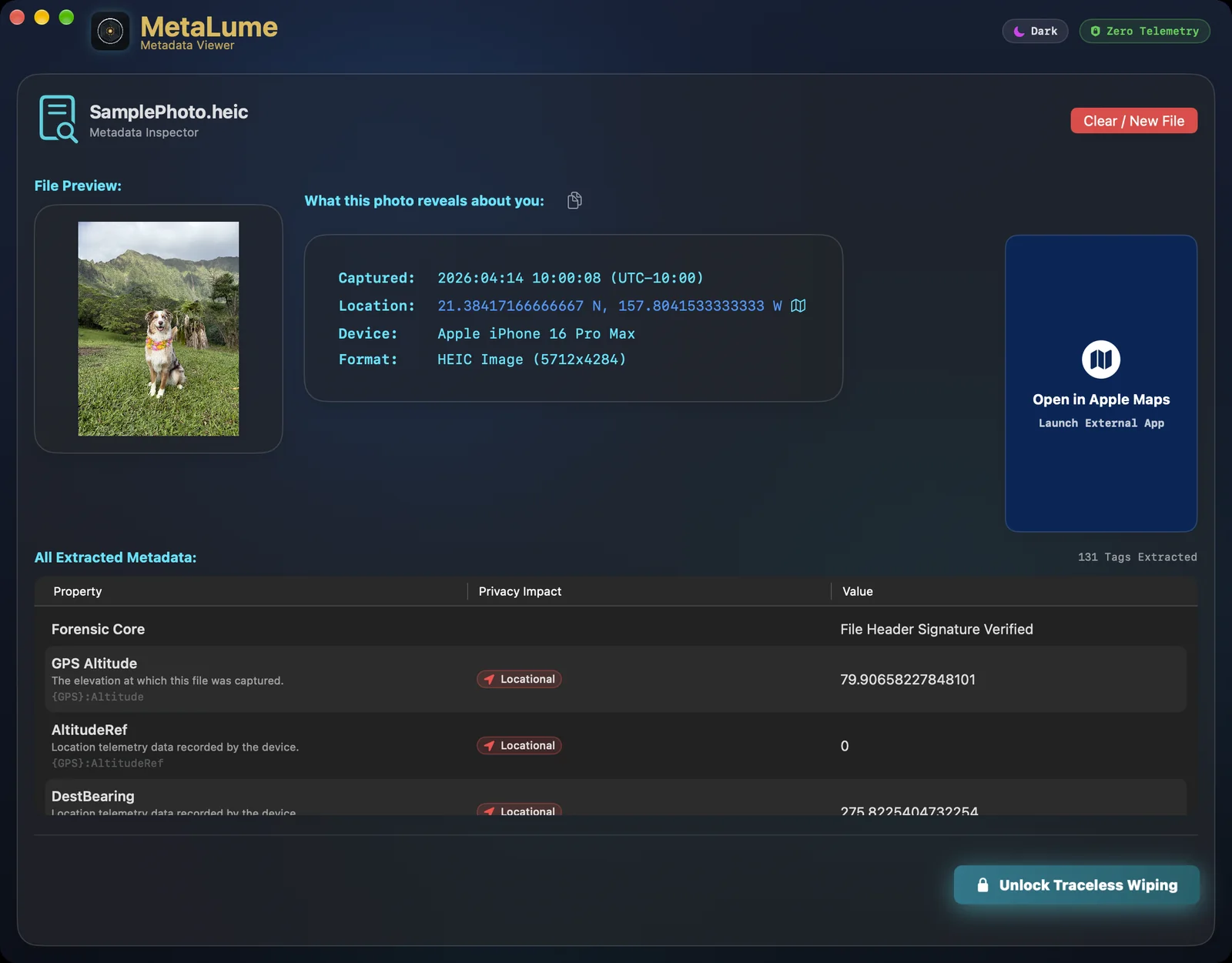 Full metadata inspection view with Key Indicators, an Open in Apple Maps card and Exif table